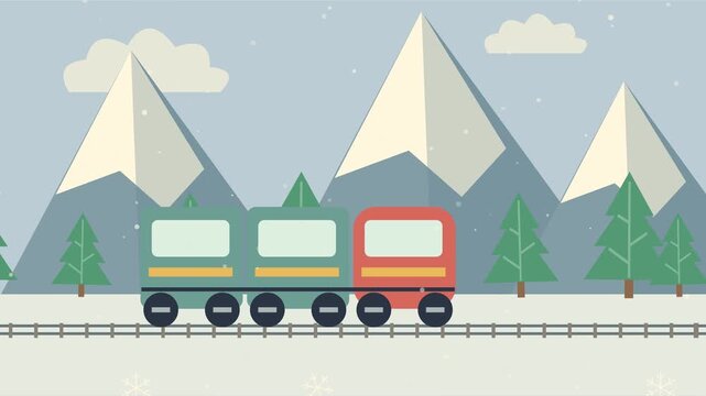 Train d&rsquo;hiver traversant des montagnes enneig&eacute;es