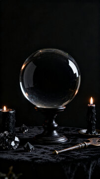 Black Void Crystal Ball with Burning Black Candles for Divination Scrying.