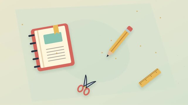 Fournitures essentielles de rentr&eacute;e scolaire dispos&eacute;es &agrave; plat avec cahier, crayons, r&egrave;gle et ciseaux