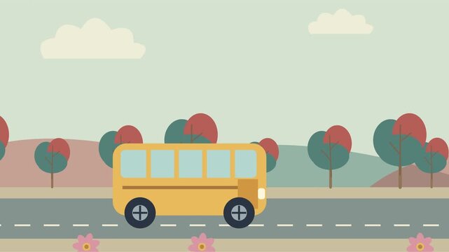 Bus scolaire jaune roulant pr&egrave;s des arbres par une matin&eacute;e claire
