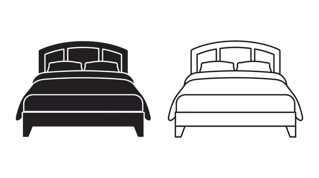 Black and white line art depicts a double bed with pillows and headboard