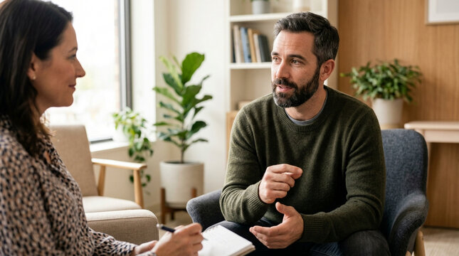 Therapist talking to male patient in a cozy office, discussing mental health