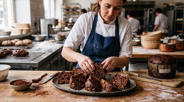 Baker arranging slices of chocolate panettone cake in a rustic bakery kitchen