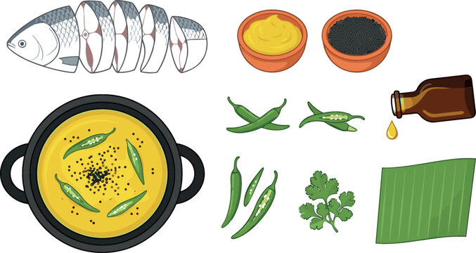 Hilsa fish curry recipe vector set featuring traditional shorshe ilish pot, sliced raw fish, mustard paste, black cumin, green chilis, and mustard oil ingredients