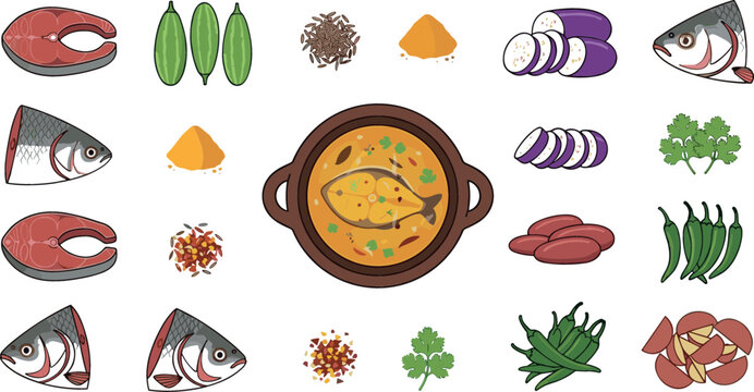 Fish curry cooking recipe vector set featuring traditional clay pot stew, raw fish steaks, hilsa heads, eggplant slices, pointed gourd, spices, and green chilis