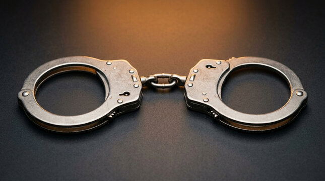 Close-up of Metal Handcuffs on Dark Surface with Dramatic Lighting