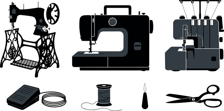 Sewing machine vector silhouette set featuring vintage treadle machine, modern electric dressmaker equipment, overlock serger, foot pedal, scissors, and thread spool