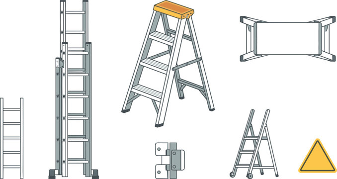 Ladder vector icon set featuring extension ladders, folding stepladders, scaffolding platforms, industrial work steps, hinges, and caution warning signs for construction