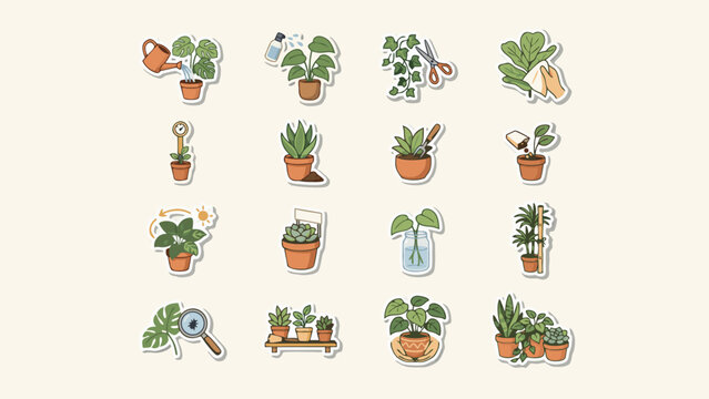 Potted Houseplants and Indoor Gardening Care Illustration