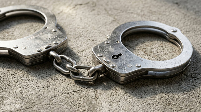 Close-up of Metal Handcuffs on Concrete Background - Crime, Justice, Arrest