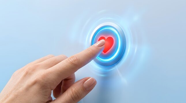 A close up of a finger pressing a glowing blue digital button with a red heart icon inside