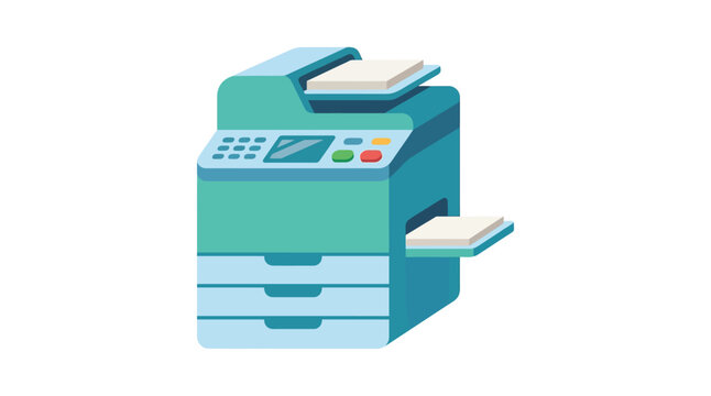 Teal and blue multifunction printer with paper trays vector illustration