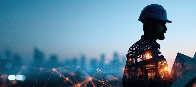 Structural engineer holding plans with steel construction layers and digital network overlay