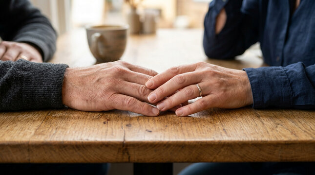 Couple holding hands across table, comforting, connection, support, love, relationship