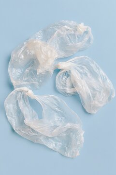 Crumpled transparent plastic bags arranged on blue background, concept of single-use plastic waste and environmental pollution