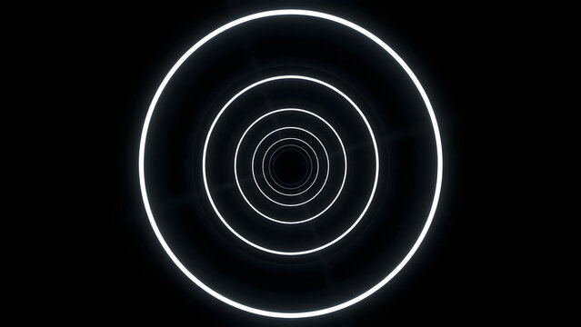 Abstract tunnel composed of glowing white neon rings receding into a dark void creating a futuristic light effect with concentric patterns
