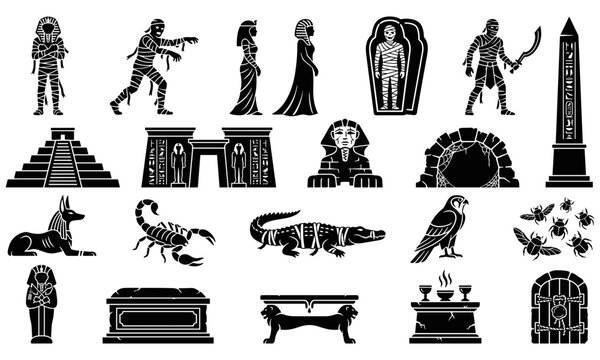 Ancient egypt mummy clipart pharaoh sarcophagus sphinx pyramid anubis scarab beetles tomb and archaeological horror icons