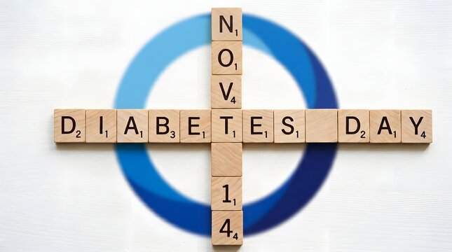 Wooden scrabble tiles spelling out diabetes day november 14 over a blue circle symbol on white background