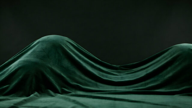 Abstract human body shape draped in dark green velvet fabric, artistic composition with soft curves and deep shadows on a dark background
