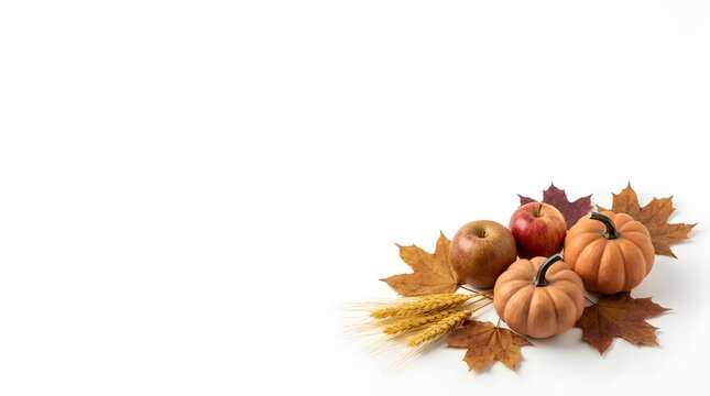 Festive autumn pumpkins and dry maple leaves arranged as a creative christmas border on a clean white background