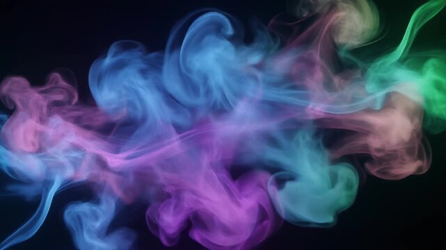 漆黒の背景に紫とエメラルドグリーンのネオン煙が重なり青や桃色を帯びた立体的な流れを作る