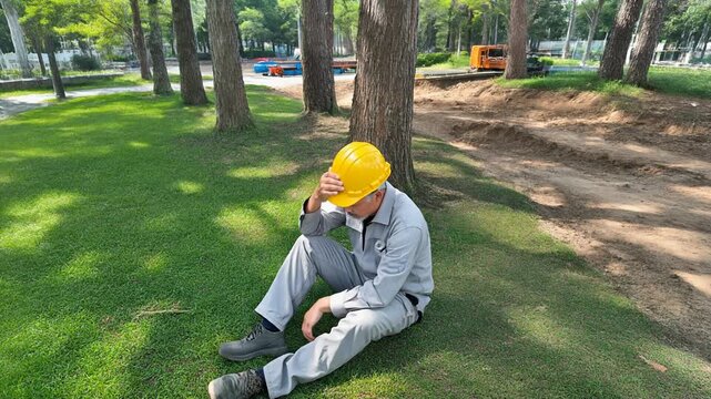黄色い安全ヘルメットの中年男性作業員が木陰の地面に座り額を覆って疲労を休める