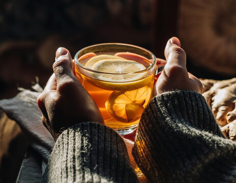 Hands holding a transparent glass cup of warm tea in a cozy sweater, representing relaxation, winter comfort, wellness, mindfulness and peaceful lifestyle moments.