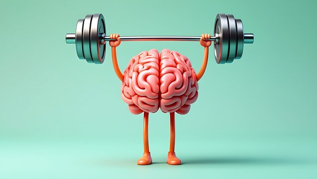 Cartoon human brain lifting heavy metal barbell on green background with mental health brain training mind power exercise