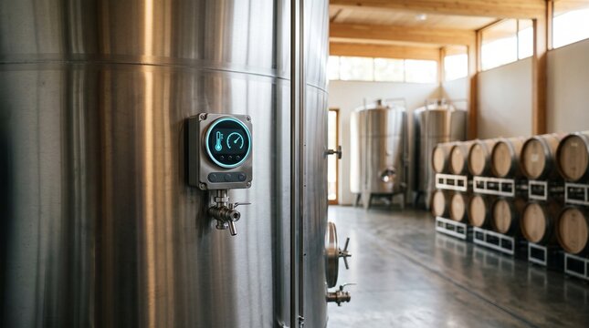 Smart stainless steel wine fermentation tank with sensor in cellar