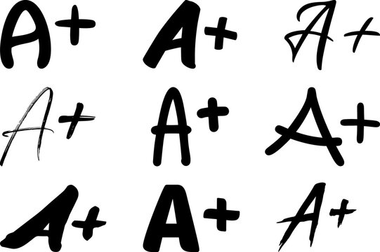 A Plus Grade Icons Set - Collection of Nine Handwritten A+ Symbols with Transparent Background PNG for Education and Academic Achievement Graphics