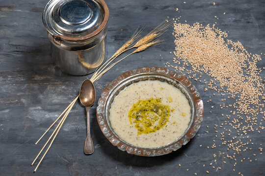 Traditional Turkish tarhana soup with wheat and dried mint