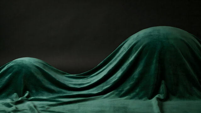 Dark green velvet fabric draped over two rounded shapes, creating organic curves and soft shadows against a solid black background surface