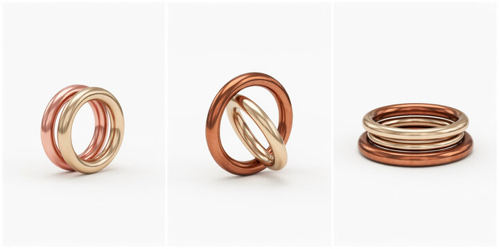 Three sets of interlocking metallic rings in copper and gold tones on white background