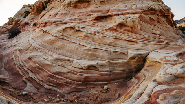 Detailed texture of wavy sandstone rock formations showing intricate layers of red, orange, and white mineral deposits in a desert landscape