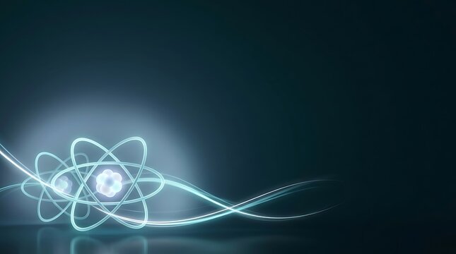 Abstract scientific atomic structure with glowing light waves and particle orbits