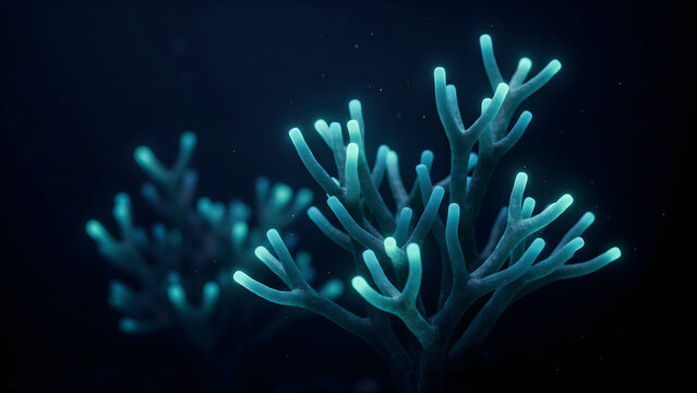 Glowing cyan coral branches in dark deep sea water, bioluminescent marine organism with light emitting tips, underwater nature