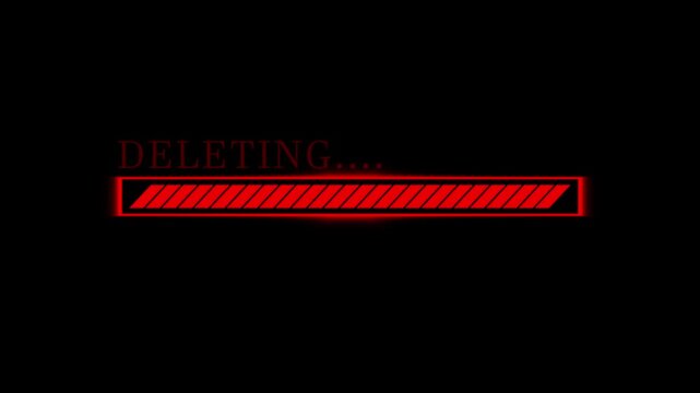 Progress bar animation tracks data removal on black. Digital storage cleanup updates on this active progress bar animation. Cyber security data erasure runs across the bar.