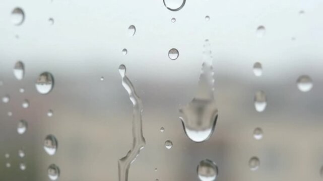 Rain Droplets Sliding Down Glass Window
