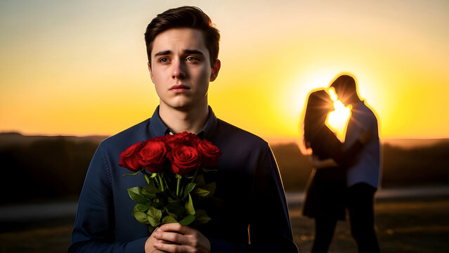Heartbroken Young Man with Roses and Sunset Silhouette