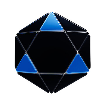 A geometric icosahedron shape composed of glossy black triangular facets with three distinct bright blue triangular segments highlighted on a plain black background, showcasing a3d rendered
