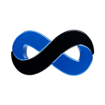 A glossy 3d infinity symbol featuring a vibrant blue segment contrasted against a deep black segment, rendered with smooth reflective surfaces and clean edges on a solid black background setting