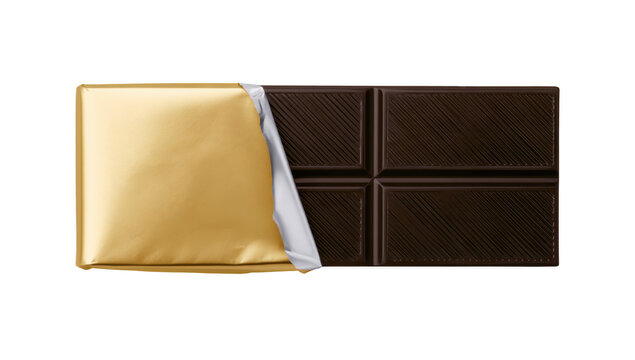 Dark chocolate bar partially unwrapped with gold foil wrapper on white background