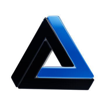 A3d glossy penrose triangle impossible rendered with a black frame and one single bright blue segment isolated on a black background, for geometric conceptual, and visual illusion