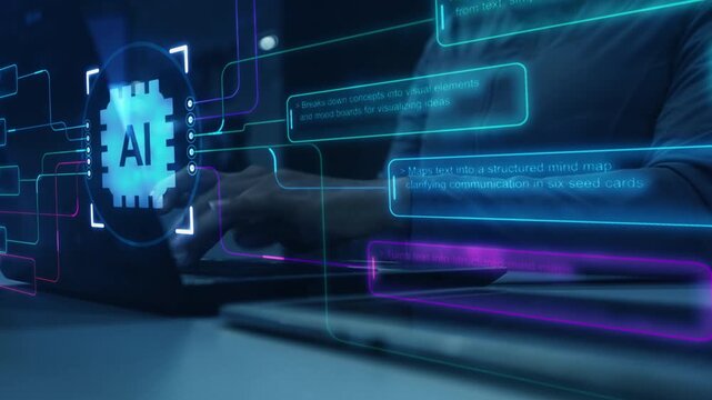 Analyst uses a computer Futuristic Artificial Intelligence Network with Neon Data Connections, Digital AI Chip Interface, Glowing Technology Circuits and Connected Data Streams on a Dark Background