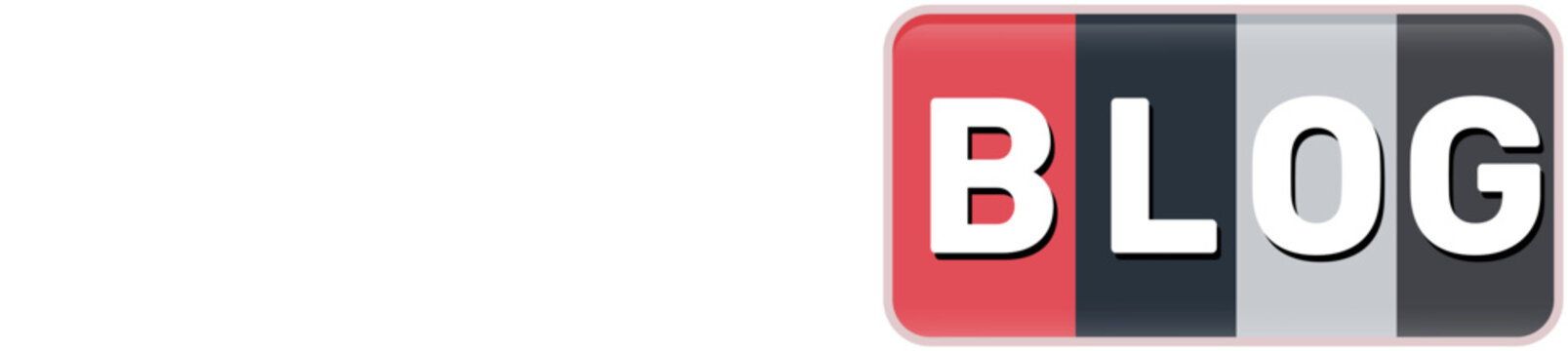Glossy rounded rectangular button graphic displaying the word blog in bold white capital letters against a segmented vertical striped background