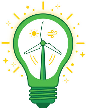 Green light bulb containing a wind turbine inside representing renewable energy and sustainable power generation