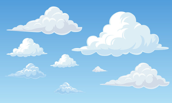 Set of cute cartoon white clouds floating in a bright blue sky for design elements and background
