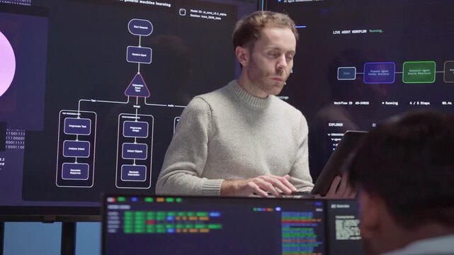 Software engineer using computer working, thinking systems code cybersecurity of data center. Professional development use laptop technology AI analysis information coding, verify data digital screen.