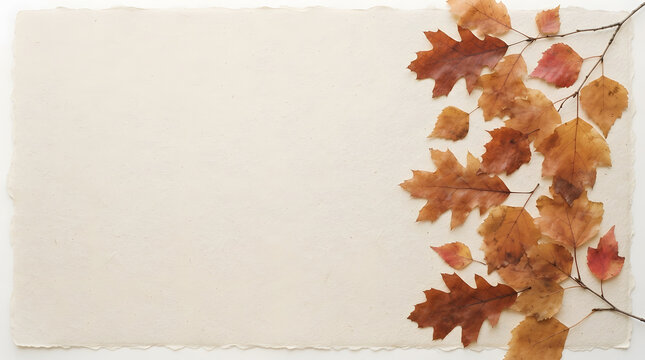 Autumn leaves and blank paper background for seasonal greetings or fall themed designs