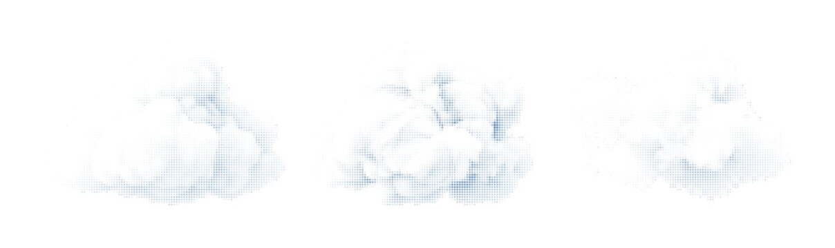Set of three abstract blue halftone cloud shapes